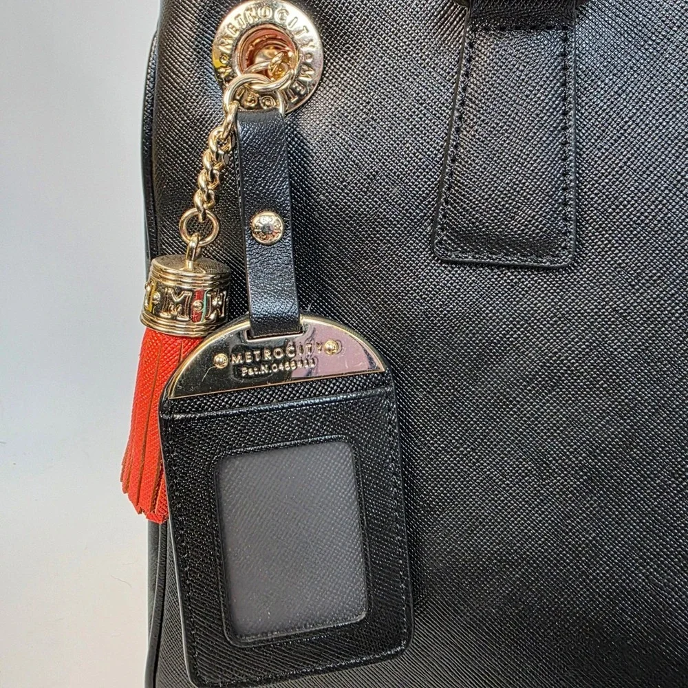 Metrocity Black Saffiano Leather Leopard Print Satchel Handbag Gold‎ Hardware